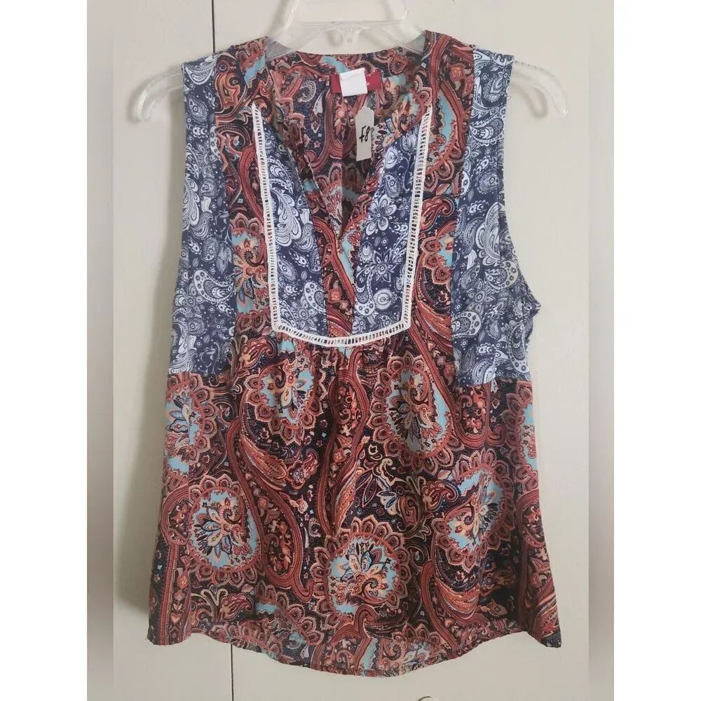 f8 Panhandle Boho Western Paisley V-Neck Tunic - Navy, Rust & Teal
